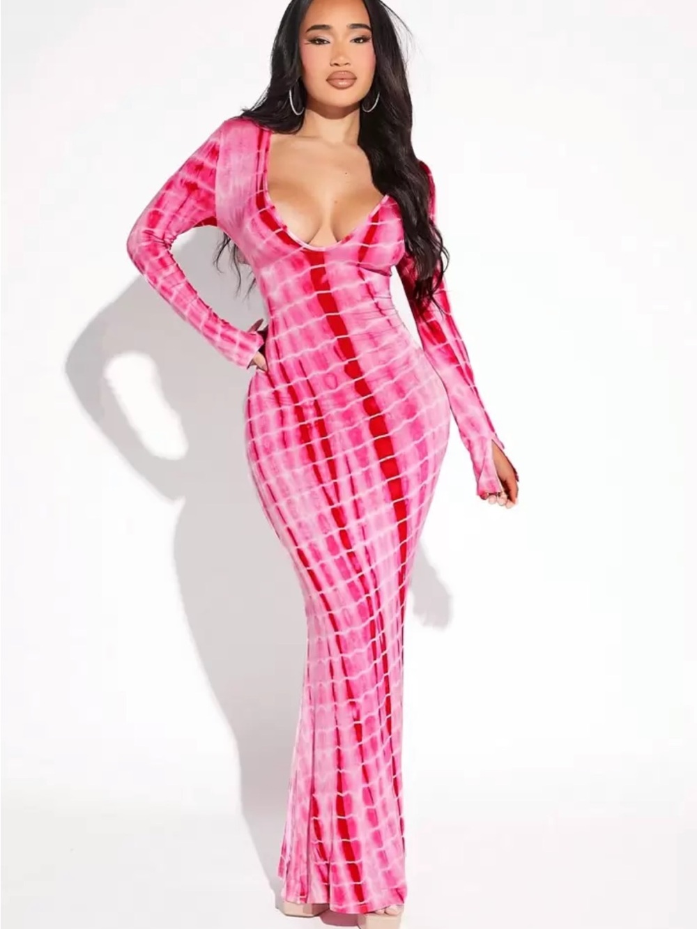 Plunge Neck Long Sleeve Pink Tie-Dye Maxi Dress